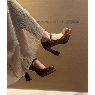 Fermina方头防水台浅口单鞋女粗跟高跟鞋一字增高显瘦带玛丽珍鞋