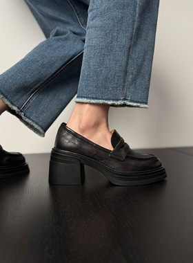 Fermina厚底高跟乐福鞋女小个子增高女鞋春新款简约百搭单鞋黑色