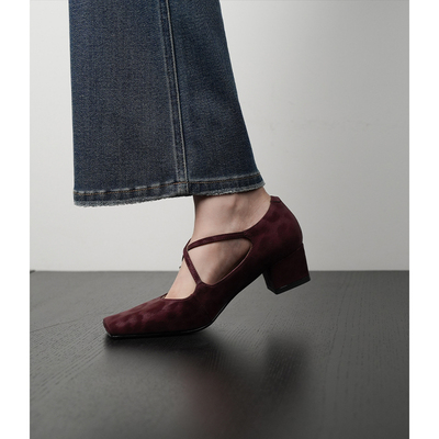 Fermina方头浅口交叉带单鞋女粗跟中跟轻复古旗袍鞋显瘦气质女鞋