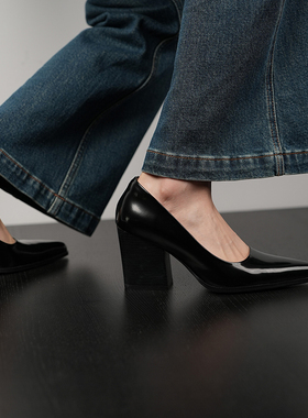 Fermina尖头浅口单鞋女粗跟高跟鞋简约百搭通勤黑色牛皮女鞋新款