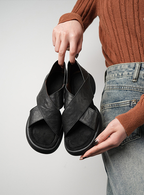 Fermina厚底休闲凉鞋女夏小个子增高沙滩鞋软底轻便真皮度假旅行