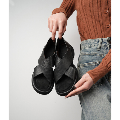 Fermina厚底休闲凉鞋女夏小个子增高沙滩鞋软底轻便真皮度假旅行