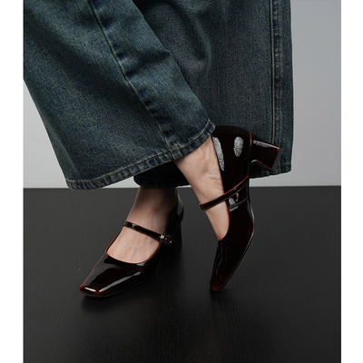 Fermina小方头浅口玛丽珍鞋女高跟鞋一字带粗跟单鞋通勤风四季鞋
