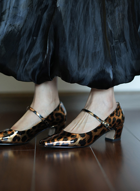 Fermina小方头豹纹浅口单鞋女小众设计师款一字扣带玛丽珍鞋显瘦