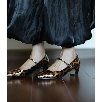 Fermina小方头豹纹浅口单鞋女小众设计师款一字扣带玛丽珍鞋显瘦