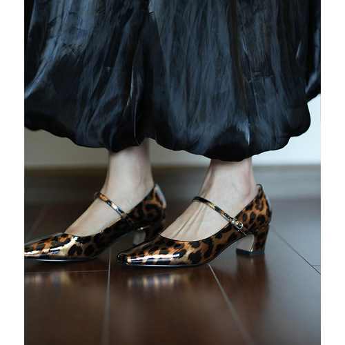 Fermina小方头豹纹浅口单鞋女小众设计师款一字扣带玛丽珍鞋显瘦