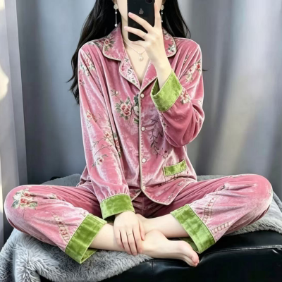2026秋季新款睡衣女金丝绒高级感轻奢金钻绒春秋家居服套装宫廷风