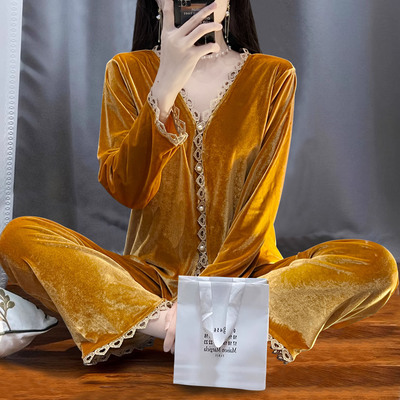高端睡衣女春秋冬季金丝绒性感网红可外穿长袖两件套装家居服