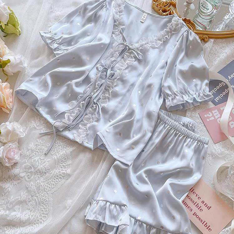 冰丝睡衣女薄款夏季甜美公主风短袖短裤系带法式高级感家居服套装