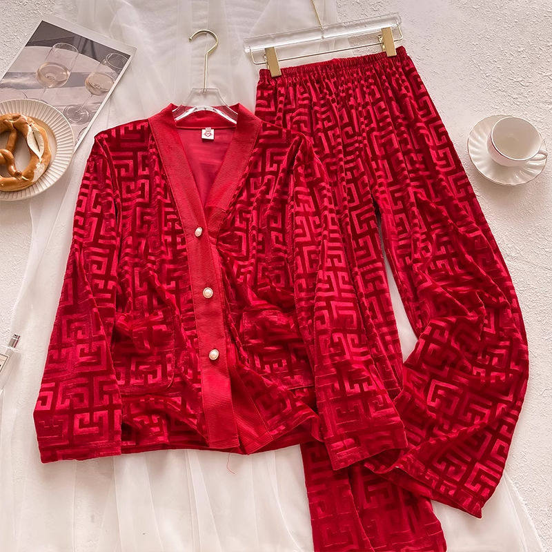 2024年新款金丝绒睡衣女春秋冬季红色本命年家居服网红套装高级感