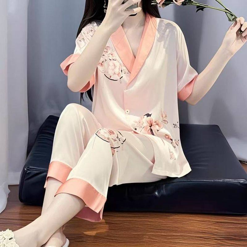 轻奢睡衣女夏款高级感冰丝短袖长裤套装2025新款可外穿家居服薄款