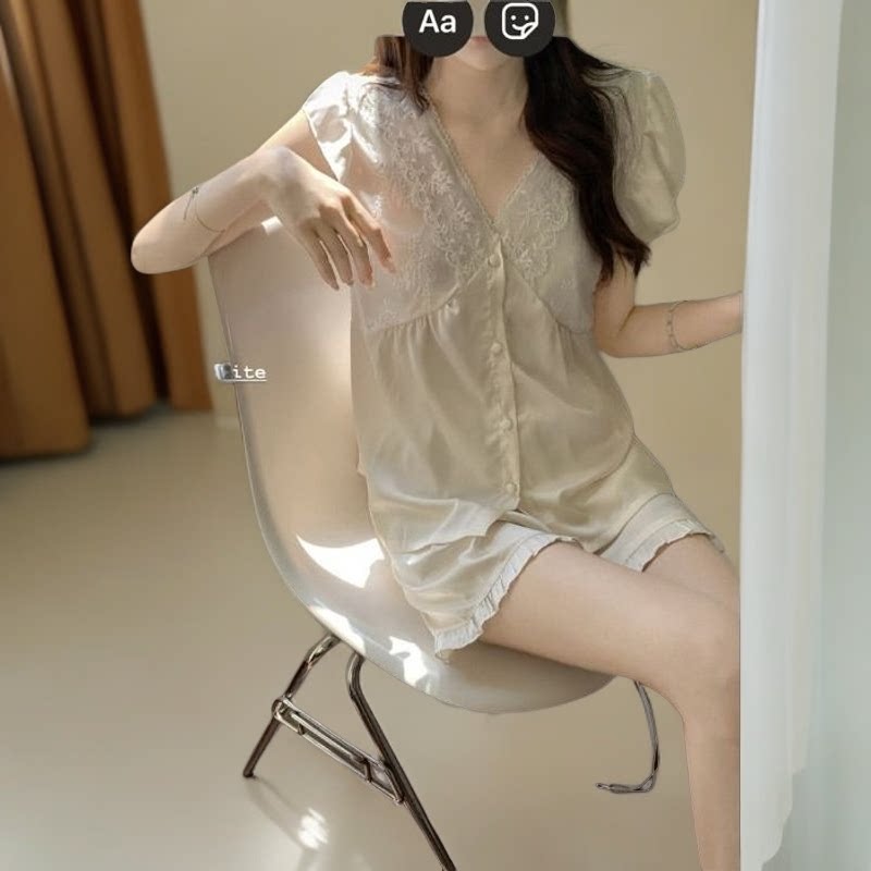 夏季睡衣女v领蕾丝边甜美网红日系高级感减龄休闲短袖家居服套装