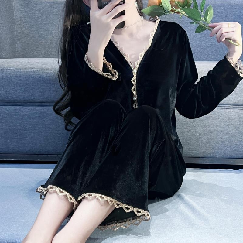 高端100%金丝绒睡衣女春秋冬季可外穿性感长袖两件套装家居服