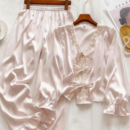 甜美公主风冰丝睡衣女春秋季长袖法式绸缎高级感家居服套装夏天