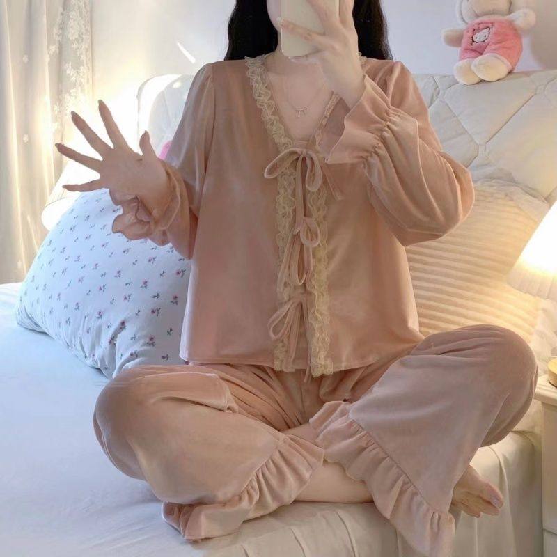 公主风金丝绒睡衣女春秋季甜美蕾丝花边仙女洋气家居服两件套装冬