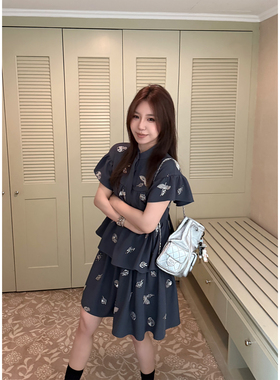 Scout 开版定制面料 蓝灰色钉珠娃娃领趣味连衣裙女夏季衬衫裙