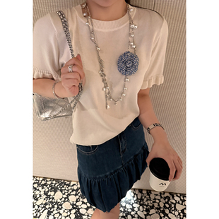 修身 T恤女夏短袖 上衣 ROw感慵懒松弛轻透针织荷叶边半袖 Scout