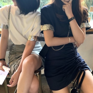 设计感褶皱半裙 口T恤 SCOUT返场款 设计感bling亮片袖