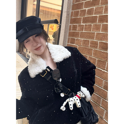 Scout「菱格纹小香」洋气vintage羊卷毛翻领棉服短款外套女秋冬