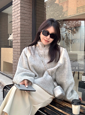 Scout 浅灰色羊驼毛阿尔巴卡棒球厚款外套 + 奶白色皮半裙两件套