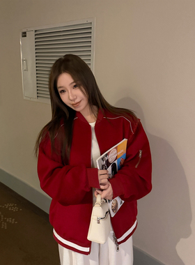 Scout 红色百利甜 全羊毛高质感贝壳绣棒球羊毛大衣外套女冬季