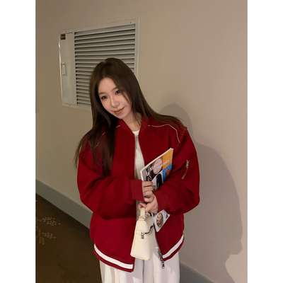 Scout 红色百利甜 全羊毛高质感贝壳绣棒球羊毛大衣外套女冬季