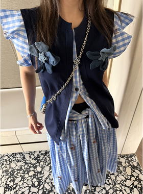 Scout 本期Top！少女鬼马设计感定制色织格纹针织三件套装女夏季