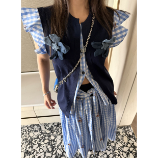 女夏季 少女鬼马设计感定制色织格纹针织三件套装 本期Top Scout