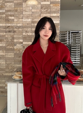 Scout 新年限定/100羊毛红色气质收腰中长款苏格兰羊腿袖大衣女