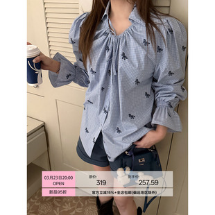 女夏季 定制小马刺绣色织格纹老钱设计感纯白衬衫 日常ootd Scout