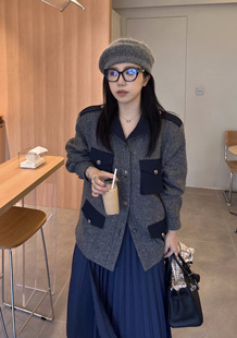 Scout 文艺复兴/拼色廓形工装点彩羊毛小立领外套设计感毛呢上衣