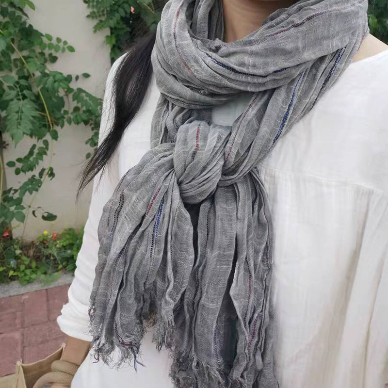 春秋亚麻围巾男条纹文艺百搭情侣通用日韩流苏长方形保暖丝巾女