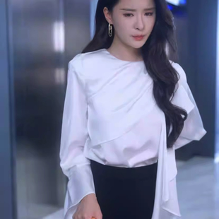 绛色栀子孟娜温栀妍同款优雅风白色飘带衬衫女长袖圆领设计感上衣