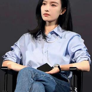 倪妮同款蓝色衬衫女春港风基础款简约气质百搭宽松OL通勤长袖上衣