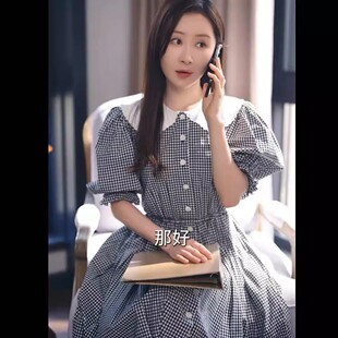 短剧凤栖今朝舒畅南桑宁同款纯棉短袖连衣裙翻领格子裙子女衣服