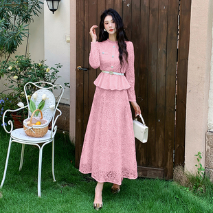 十三行品质 小香风收腰显瘦两件套水溶蕾丝连衣裙7220配腰带 新款