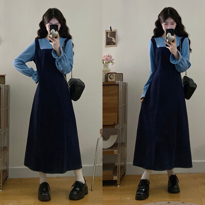 新品 大码女装2025冬季新款假两件背带式拼接喇叭袖长款连衣裙