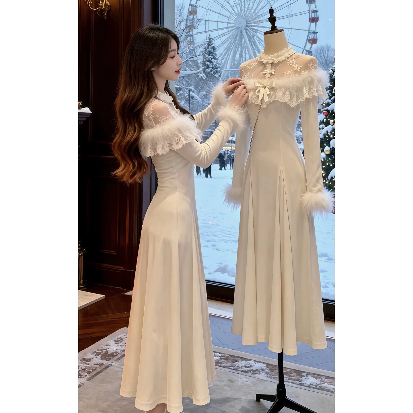 法式小资气质毛绒拼接针织连衣裙女秋冬轻奢温柔风收腰公主礼服裙