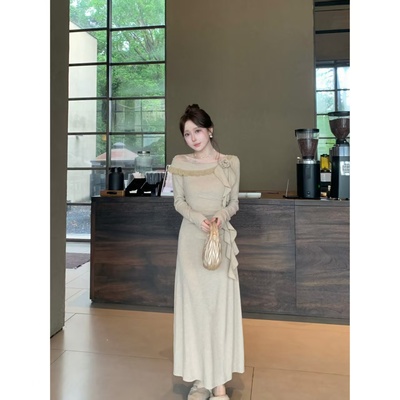 新品实价木耳花裙小个子气质斜肩木耳飘带显瘦收腰连衣裙女