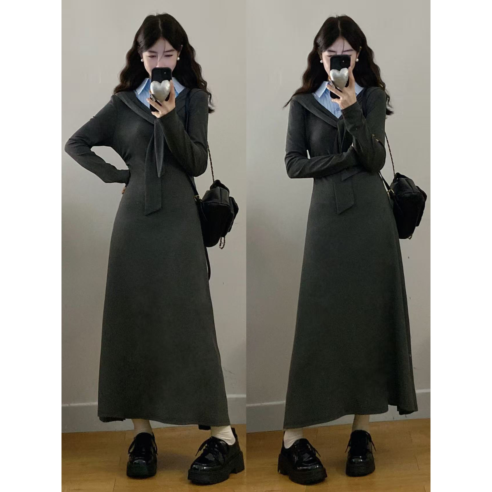 新品 大码女装胖mm新款学院灰调领结拼条纹衬衣领连衣裙