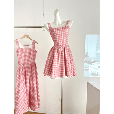 EIA一尧甜心雪莉玫韩系连衣裙女夏甜美俏皮少女感格纹A字裙