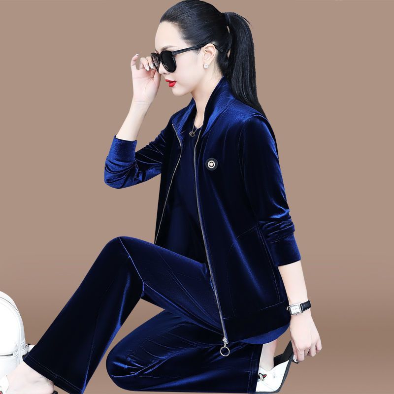 金丝绒运动服套装女春季时尚宽松洋气中老年妈妈休闲跑步服三件套
