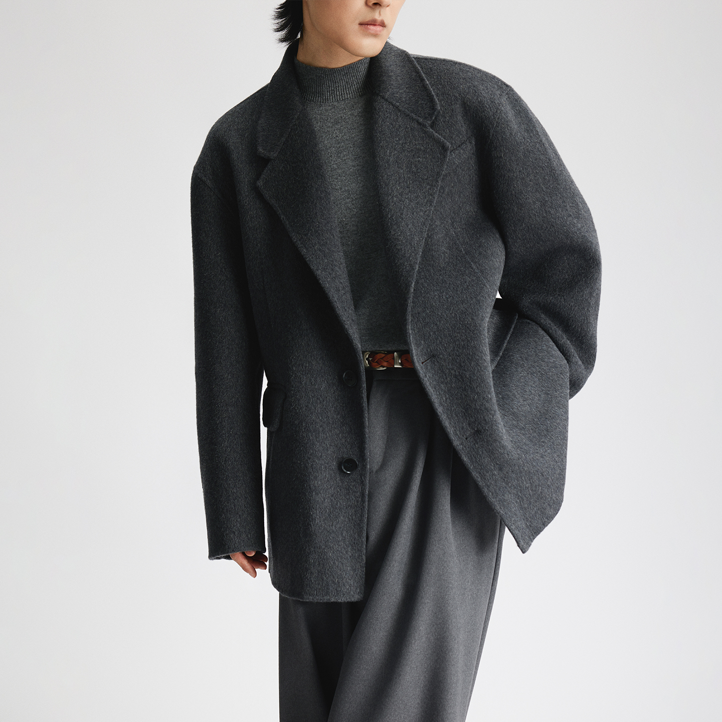 三木公白简约毛呢西装大衣外套