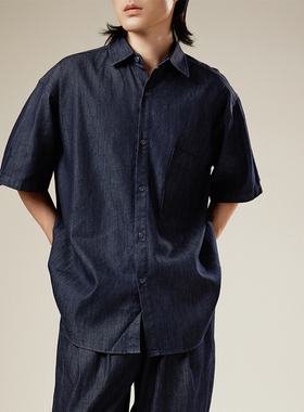 三木公白 日系复古牛仔短袖衬衫男宽松高级 港风蓝色纯棉衬衣痞帅