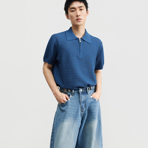 三木公白复古蓝色短袖针织polo衫