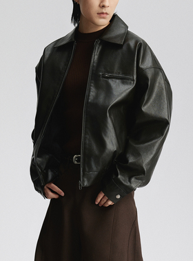 三木公白 机能风黑色翻领短款皮衣男 复古机车风夹克外套挺廓利落