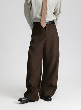 三木公白 日系复古弯刀休闲西裤男宽松 高级感廓形立裁咖色直筒裤