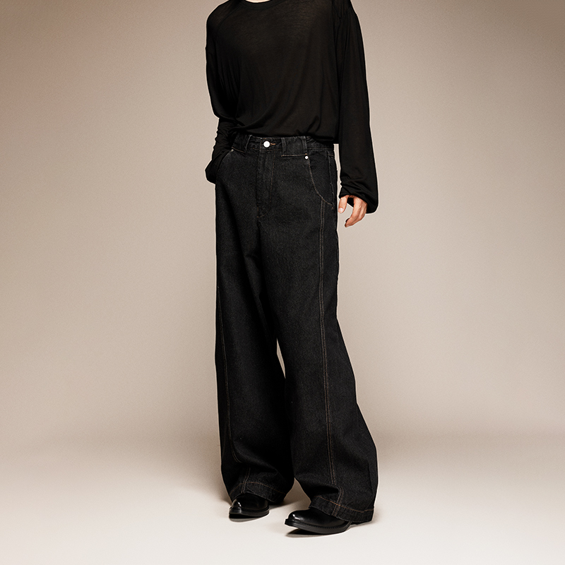 三木公白复古黑色阔腿牛仔裤