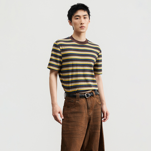 少年感圆领针织衫 T恤男合身弹力 日系复古撞色条纹短袖 三木公白
