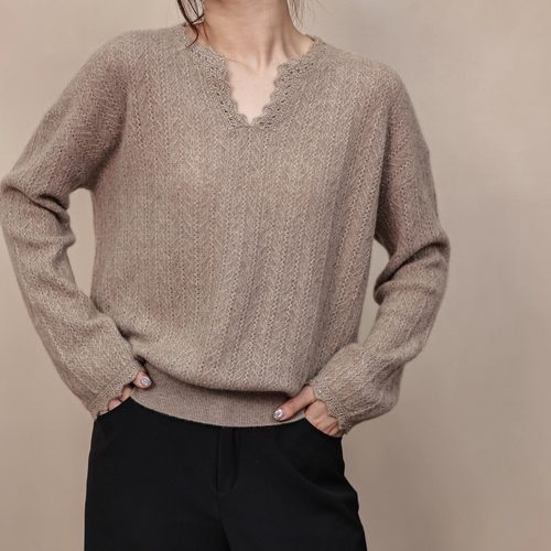 韩版手工勾花压钻100山羊绒衫女V领慵懒软糯内外搭纯色针织打底衫